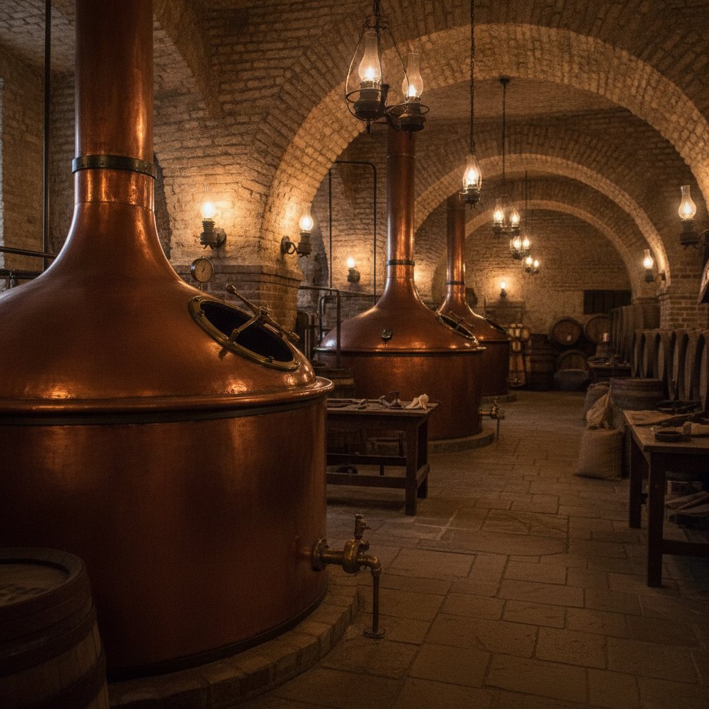 Historic 19th-century Balkan brewery interior with copper brewing kettles and warm lantern light