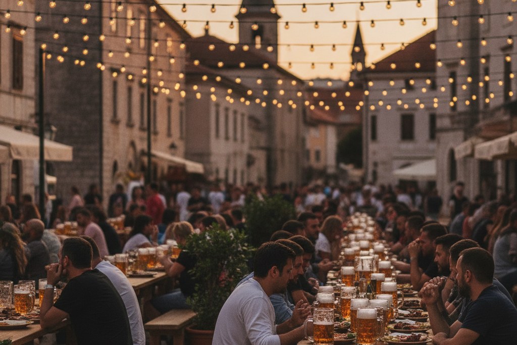 Outdoor Balkan beer garden festival at golden hour with string lights and a historic old-town square