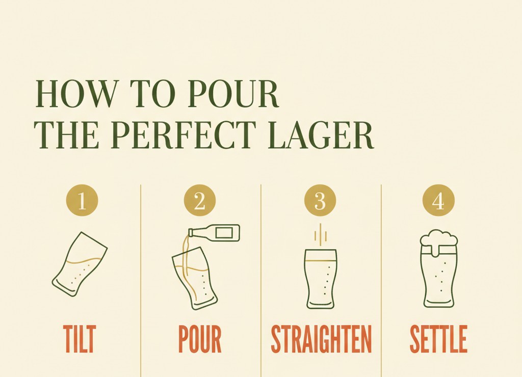 Infographic showing the four steps of pouring the perfect lager: Tilt, Pour, Straighten, Settle