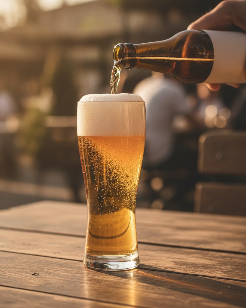 Close-up of a hand pouring a golden lager into a glass at golden hour with a tavern terrace blurred in the background