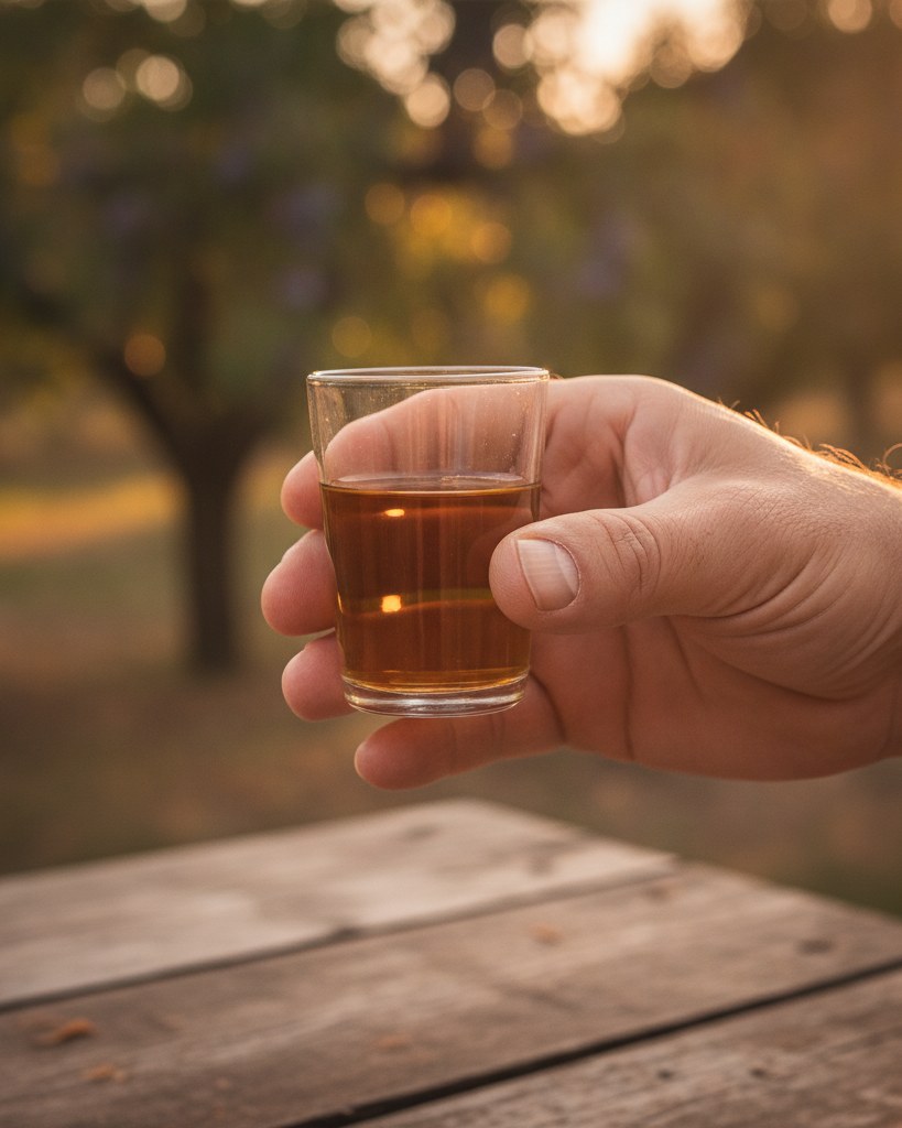 Close-up of a hand holding a small glass of amber rakija with a plum orchard blurred in the background