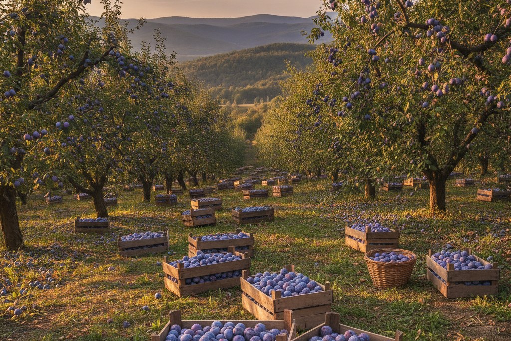 Balkan plum orchard at harvest time with crates of freshly picked plums at golden hour