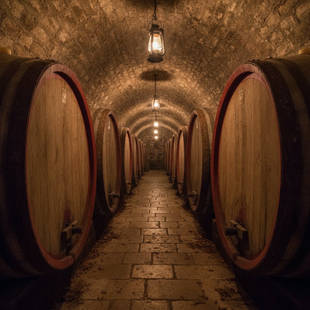 Centuries-old stone wine cellar in Herzegovina with rows of large oak barrels lit by lantern light
