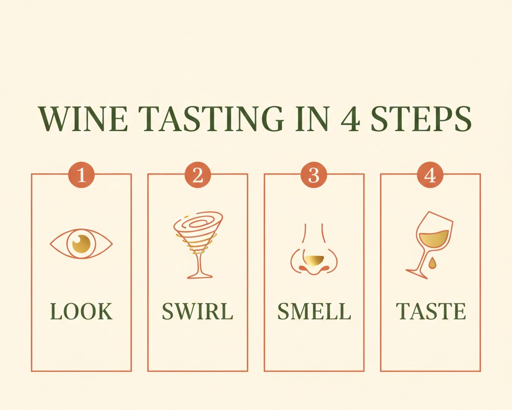Infographic showing the four steps of wine tasting: Look, Swirl, Smell, Taste
