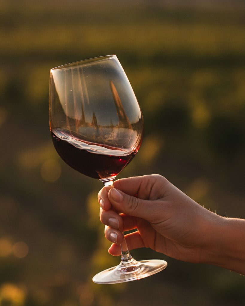 Close-up of a hand swirling a glass of red Balkan wine at golden hour with a vineyard blurred in the background