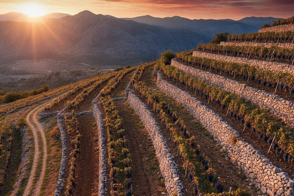 Stone-terraced vineyard on a hillside in Herzegovina at sunset with distant mountains