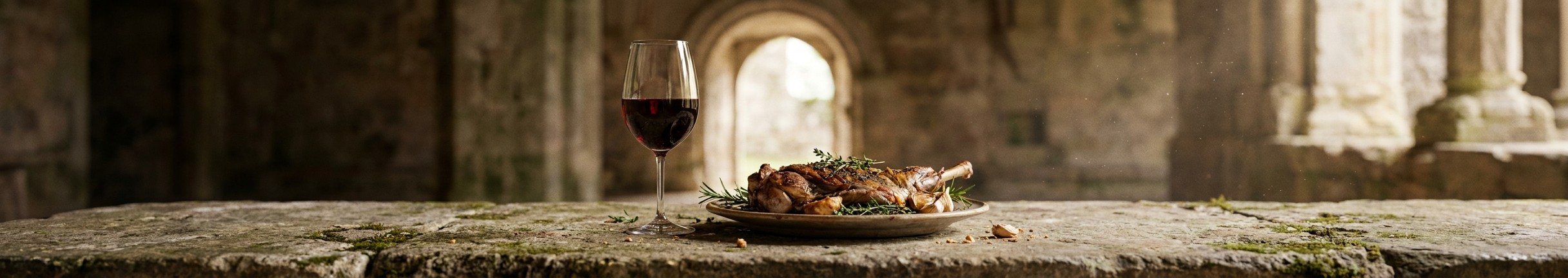 Glass of red wine with roasted lamb on a monastery stone table