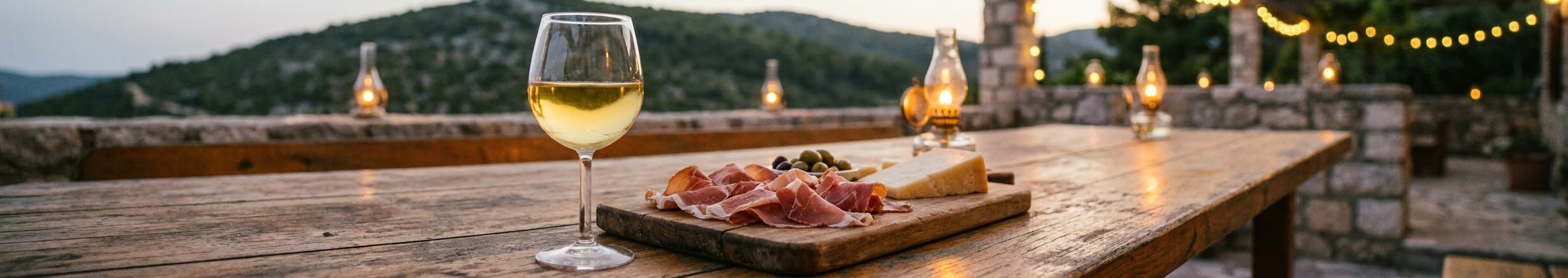 Glass of white wine with prosciutto, cheese, and olives