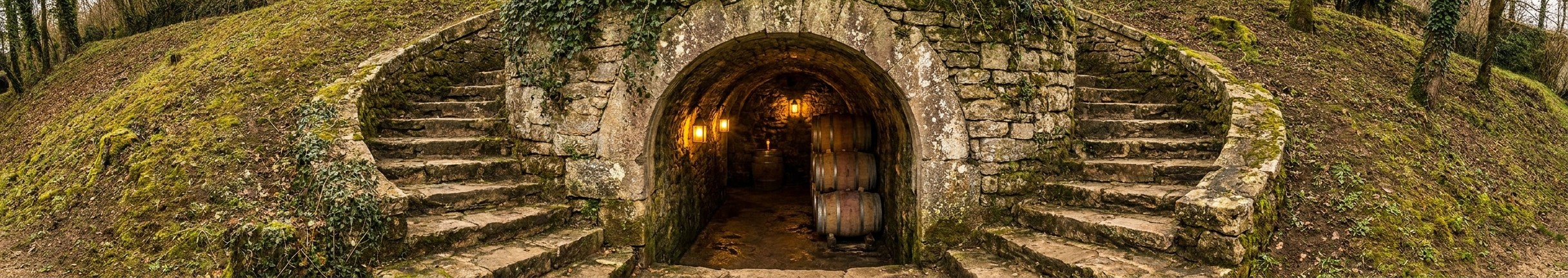 Stone archway entrance to an underground wine cellar with oak barrels