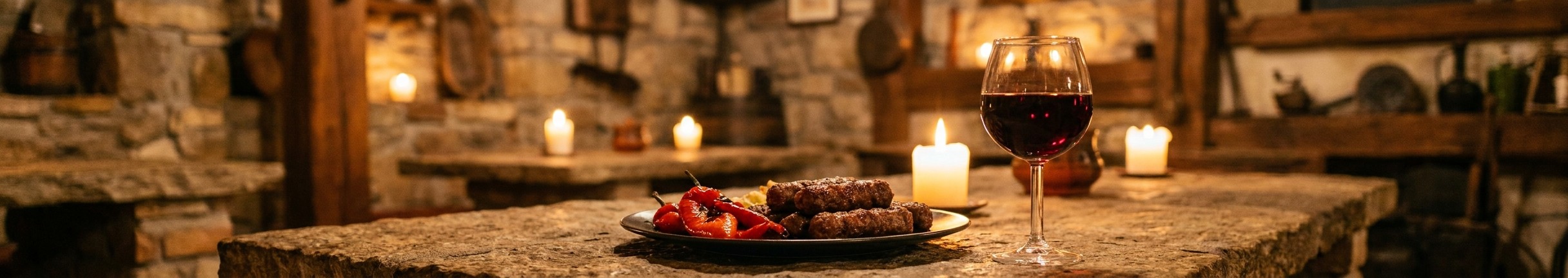 Glass of red wine with grilled cevapi and roasted peppers by candlelight